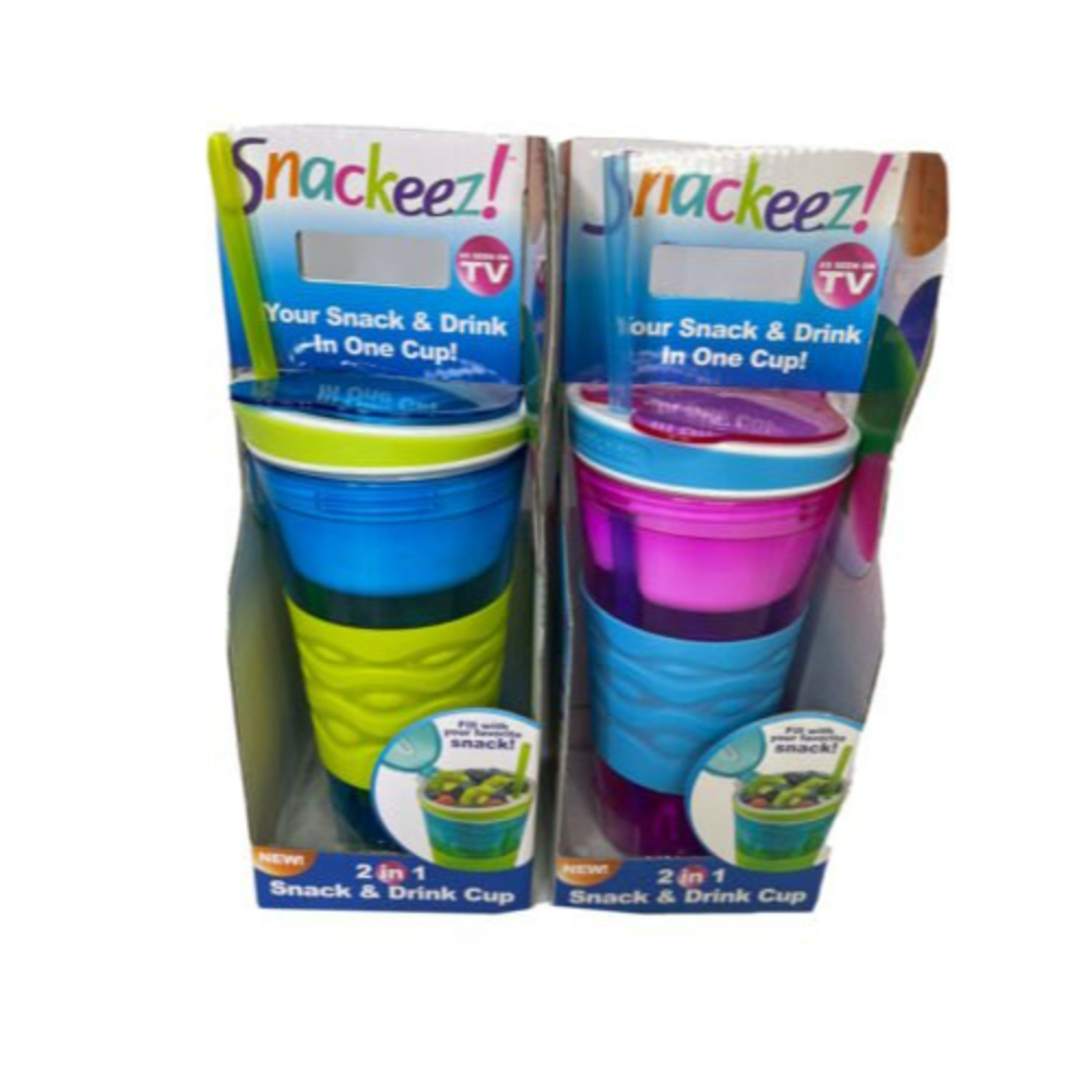 Two Snackeez 2 In 1 Snack and Drink Cup New In Box ~ As Seen On TV PINK and BLUE